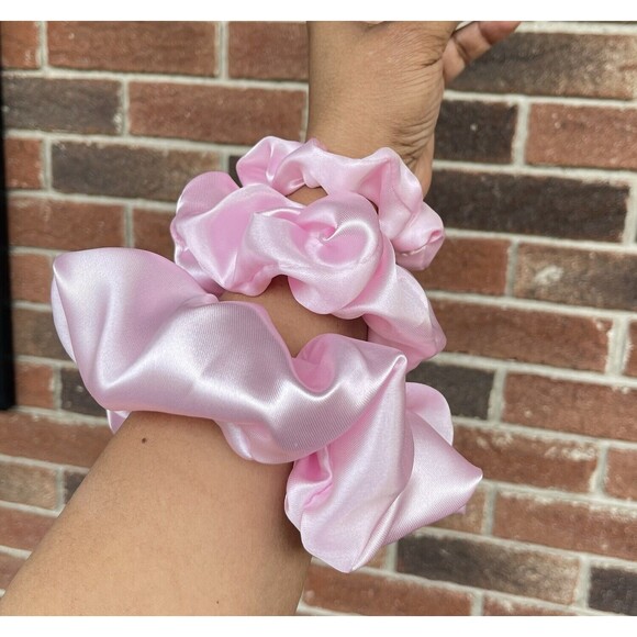 3 New Pink Satin Scrunchies Hair Tie XLarge, Large, Small Set - Picture 11 of 16